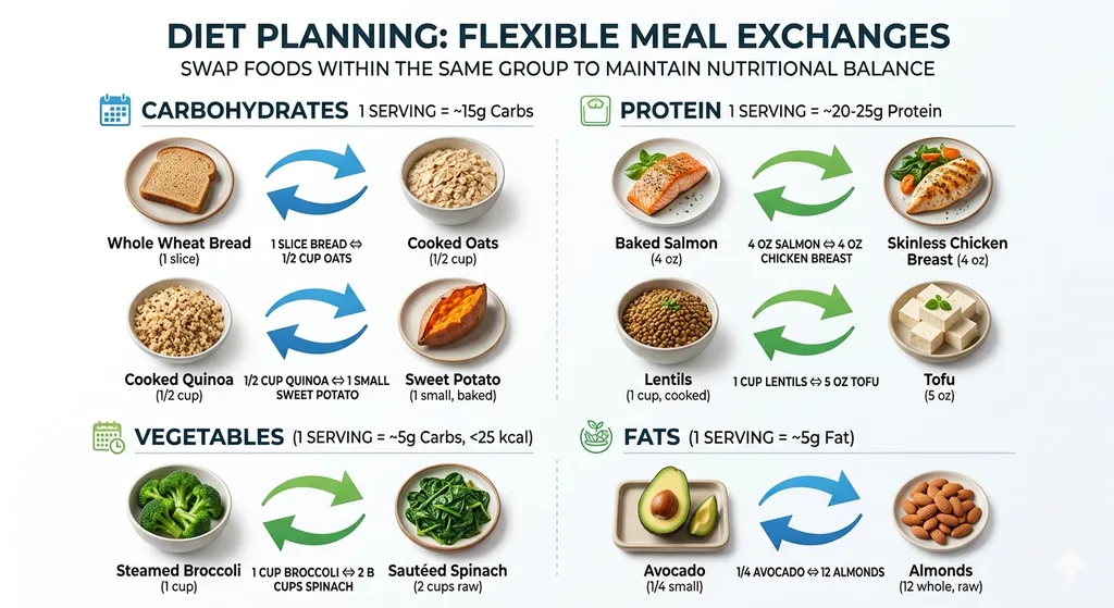 Flexible meal planning by swapping foods within the same exchange category