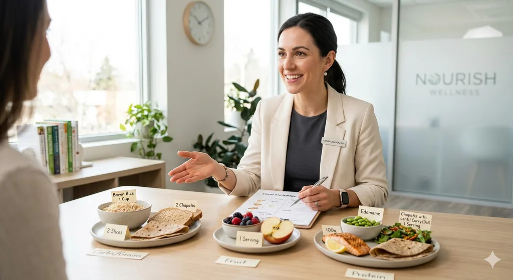 Dietitian explaining food exchange lists and meal planning to a client