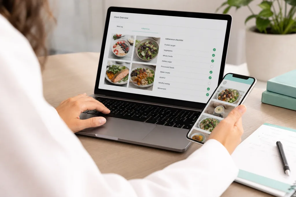 Nutritionist reviewing structured meal logs for adherence