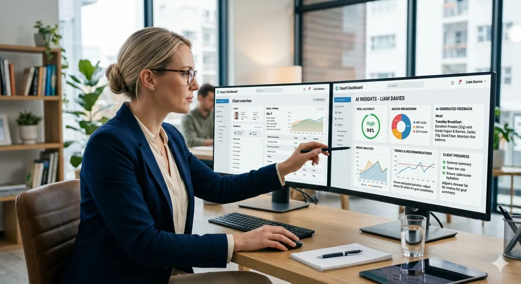 Nutritionist reviewing AI-generated meal insights on a coach dashboard