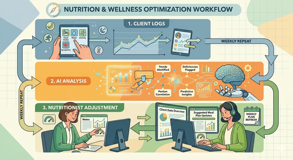 Weekly workflow: client logs, AI analysis, nutritionist adjustment