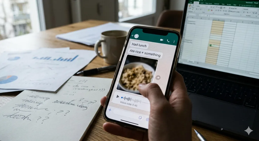 Vague WhatsApp meal messages, blurry food photo, and voice note next to spreadsheet-style tracking work