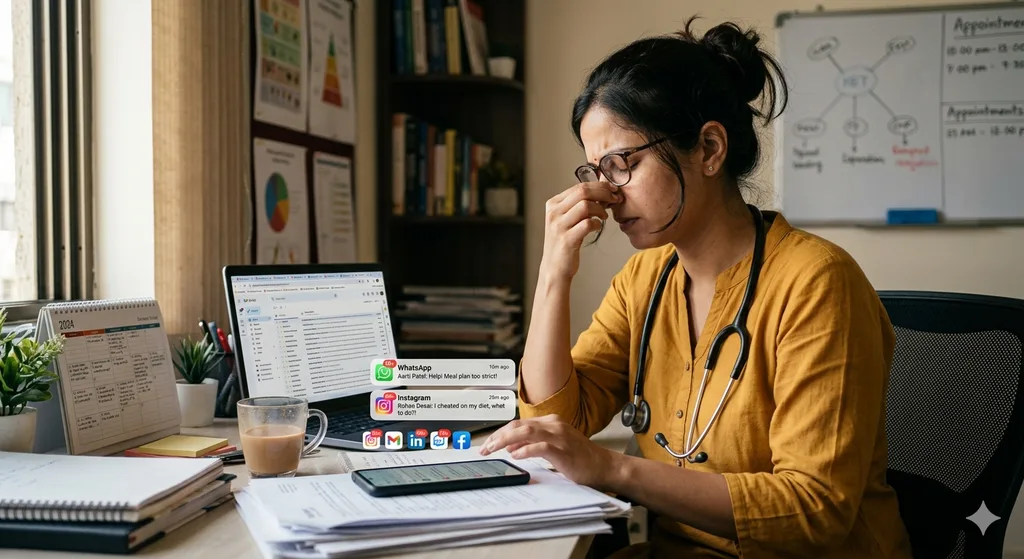 Nutrition professional overwhelmed by notifications, chats, and desk clutter